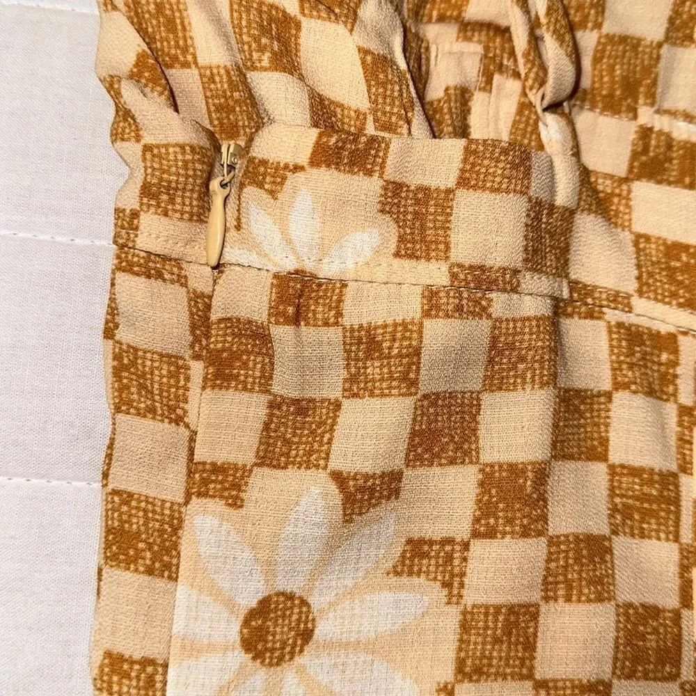 UO XS Lumi Daisy Gold Beige Check Print Spaghetti Strap Mini Bodycon Dress